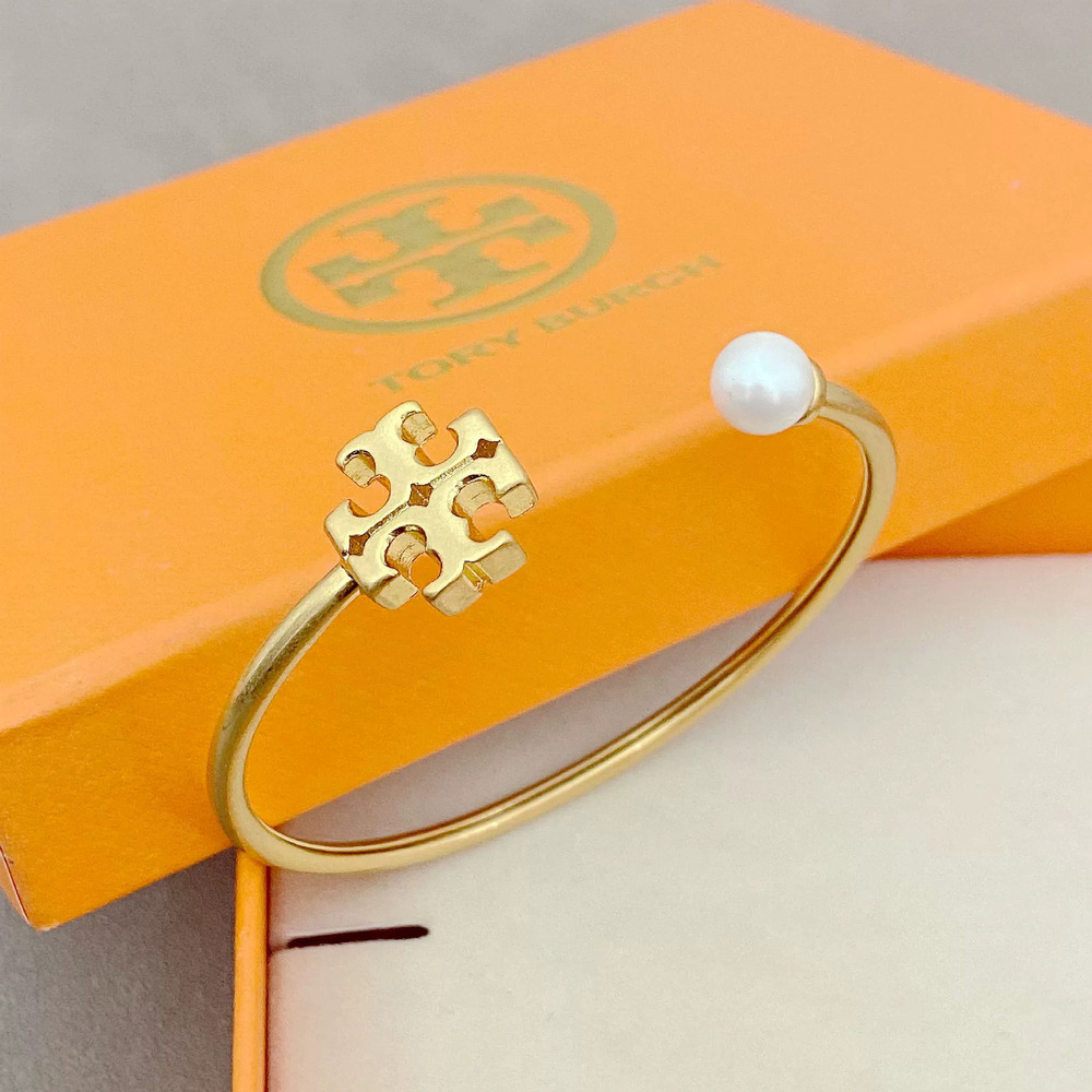 Tory Burch Gold Delicate Faux Pearl Open Bangle Bracelet